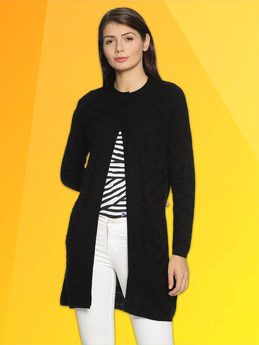 Wool Blend Round Neck Black Long Shrug