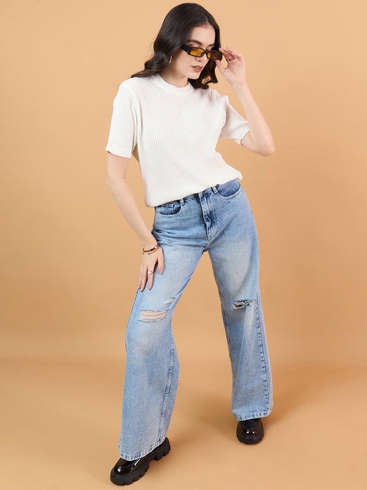 Ladies Short Sleeve Knitted cotton T Shirt solid Color White