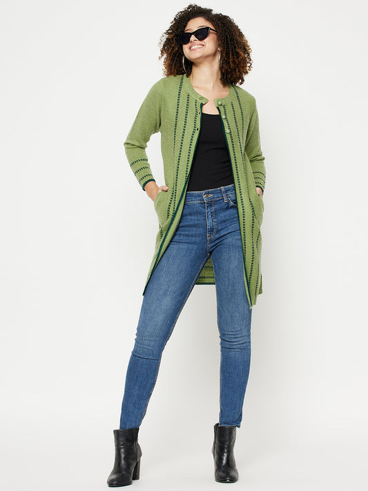 Wool Blend Round Neck Green Long Shrug