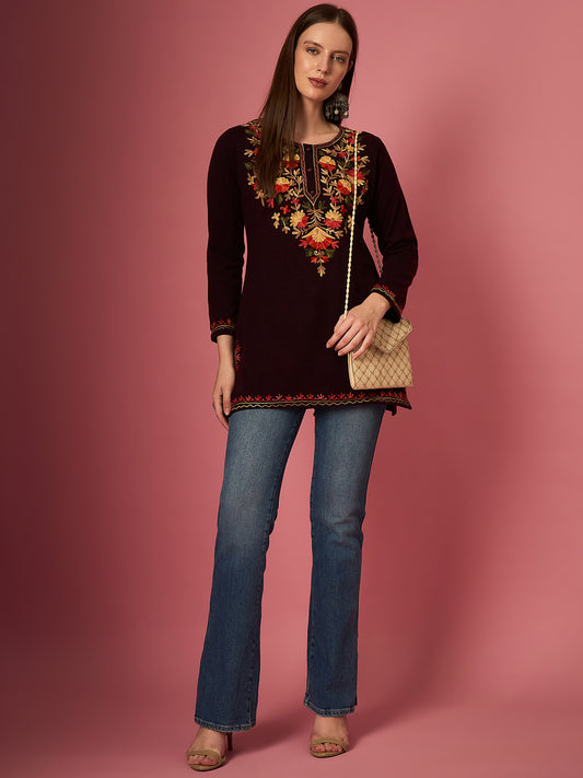 Women's Kurti with Multicolor Floral Embroidery, Long Sleeves,winter wear Mahroon
