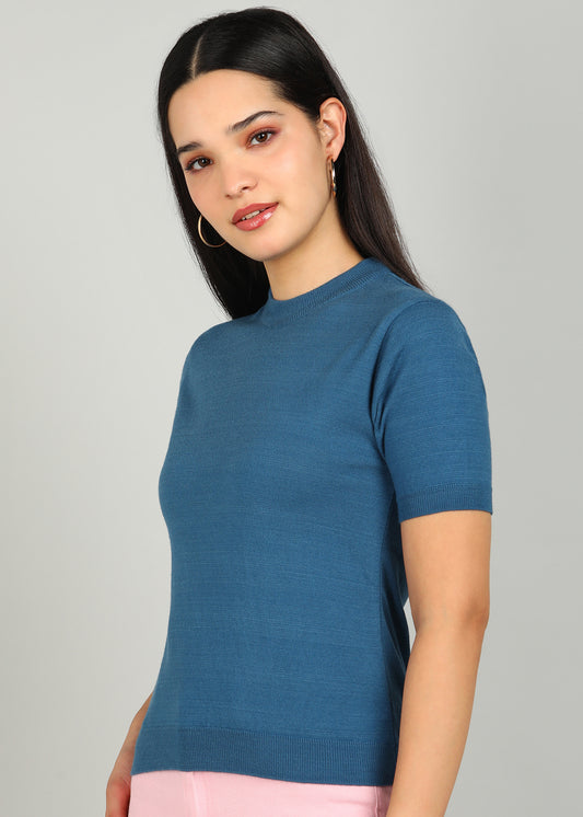 Women Solid Color Round Neck Half Sleeve Viscose T-Shirt Royal