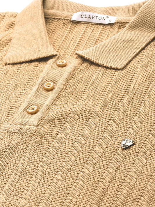 CLAPTON Men Knitted Textured Polo Collar T shirt Camel