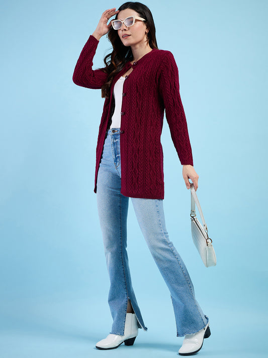 Clapton Cable Knit Design Woolen Longline Cardigan Sweater for women and Girls Maroon