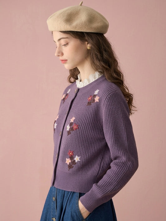 Women'S Knit Cardigan With Floral Embroidery Purple