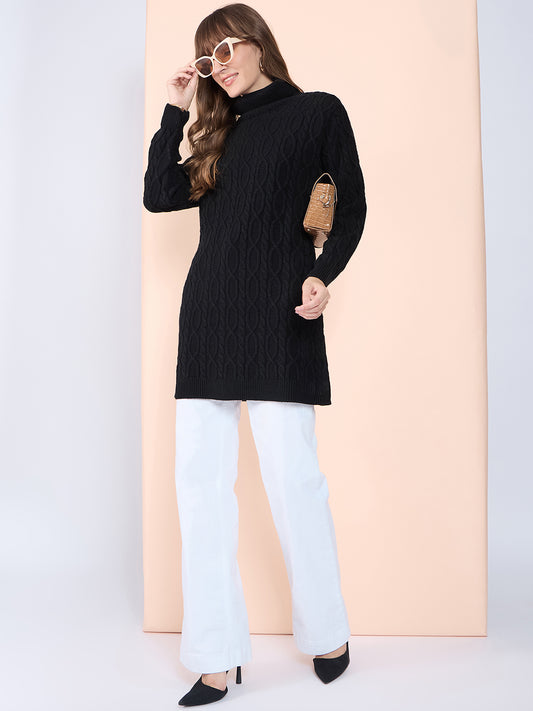 Clapton High Neck Cable Knitted Woolen Dress Black