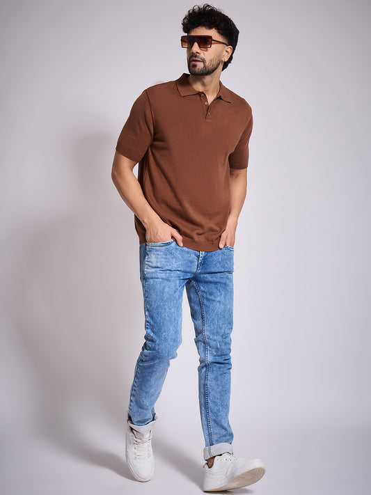 Men's Brown Knitted Polo T-shirt