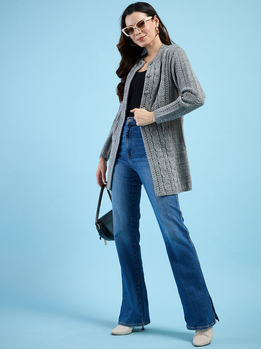 Clapton Cable Knit Design Woolen Longline Cardigan Sweater for women and Girls Grey