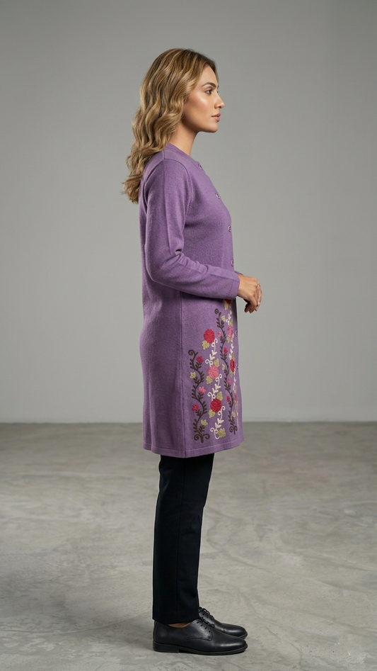 Women's Mixture Floral Embroidered Long Cardigan, Button-Front, Round Neck, Full Sleeves