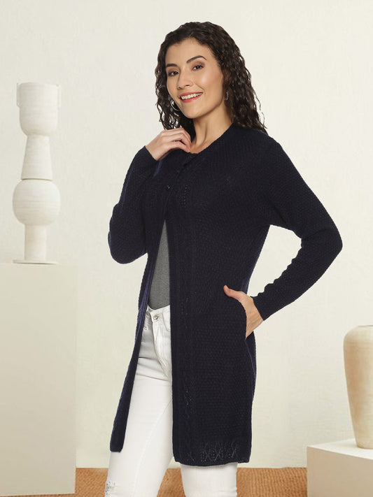 Wool Blend Round Neck Navy Blue Long Shrug