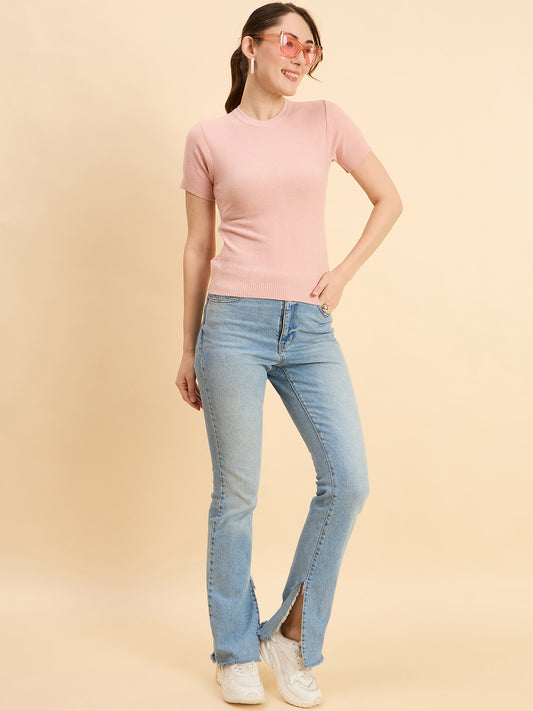 Clapton Women Knitted Round Neck T-shirt Pink