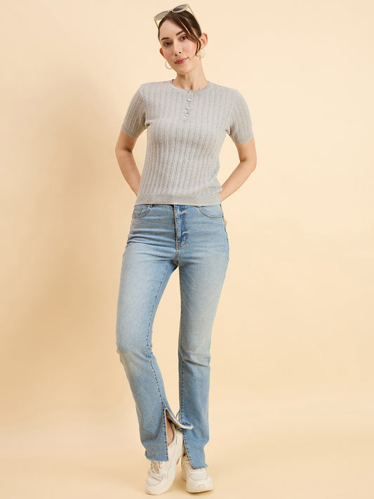 Clapton Women Knitted Round Neck T-shirt Grey