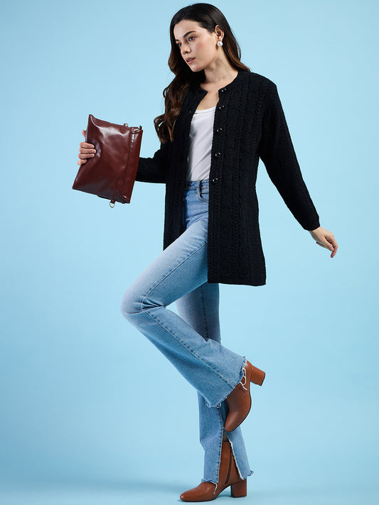 Clapton Cable Knit Design Woolen Longline Cardigan Sweater for women and Girls Black