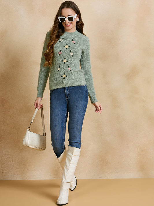 Women Self Design Round Neck Sweater Olive