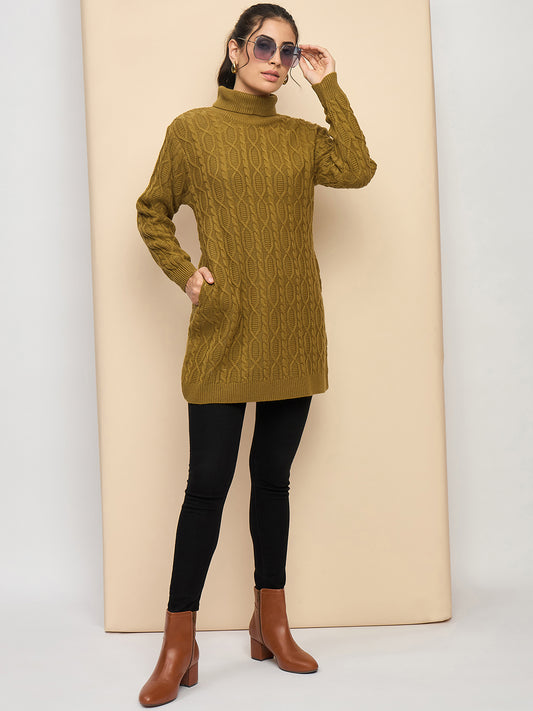 Clapton High Neck Cable Knitted Woolen Dress Gold