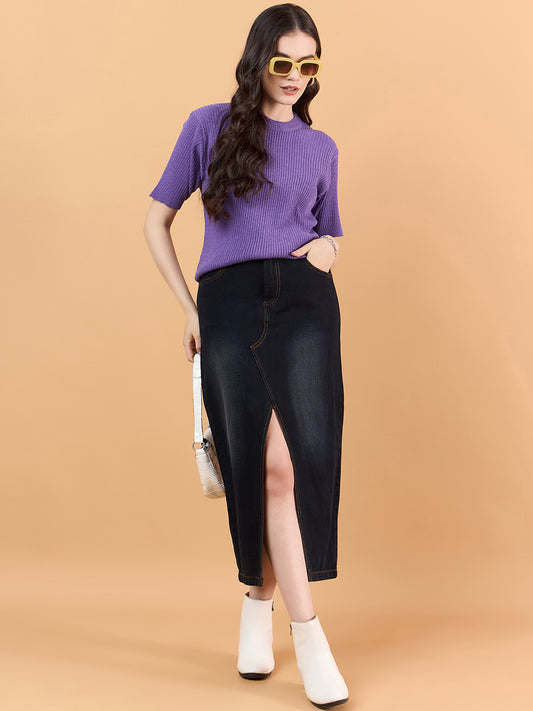 Ladies Short Sleeve Knitted cotton T Shirt solid Color Purple Mauve