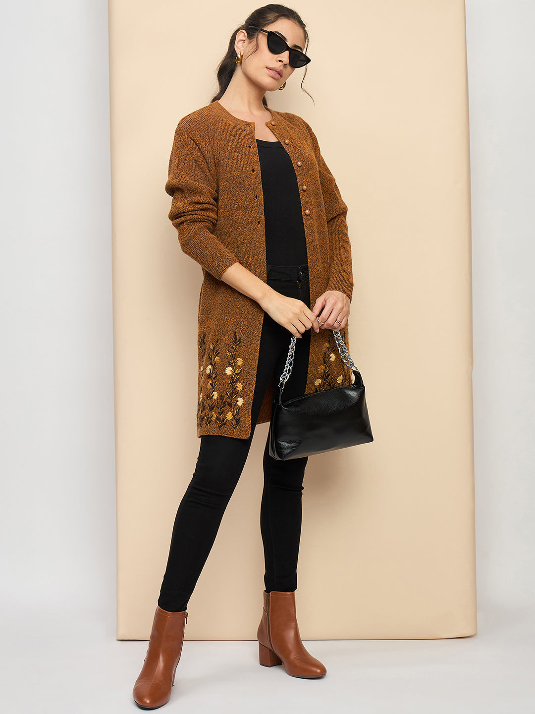 Wool Blend Round Neck Peach Long Shrug gold