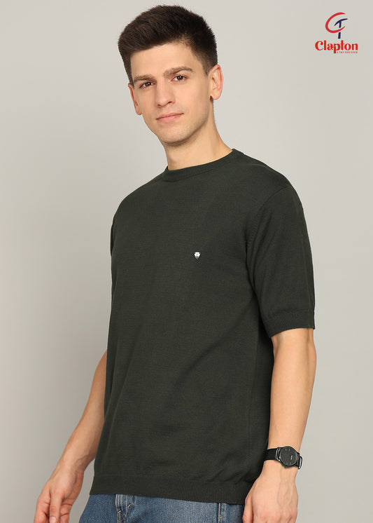 Clapton Men Knitted Cotton Summer Wear Round Neck Half Sleeve T-Shirt Green