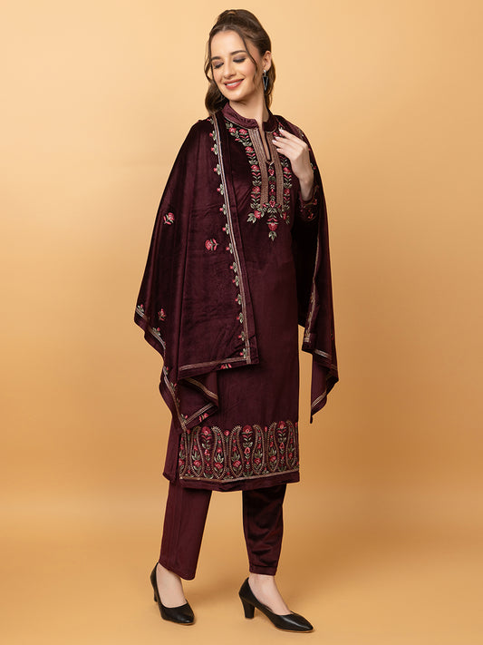 Velvet Embroidered Winter Wear Embroidered Straight Kurta Pant With Dupatta Set Maroon
