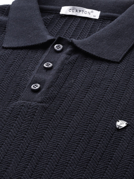 CLAPTON Men Knitted Textured Polo Collar T shirt Navy