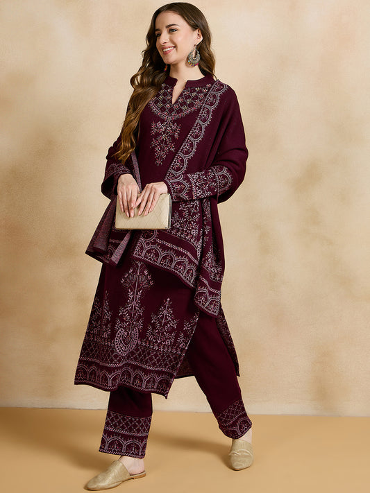 Clapton Embroidered Straight Kurta Pant With Dupatta Set Maroon