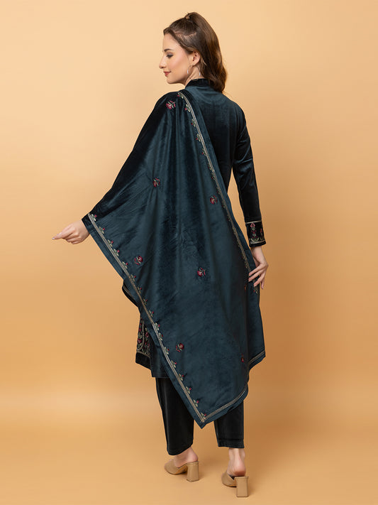 Velvet Embroidered Winter Wear Embroidered Straight Kurta Pant With Dupatta Set Peacock