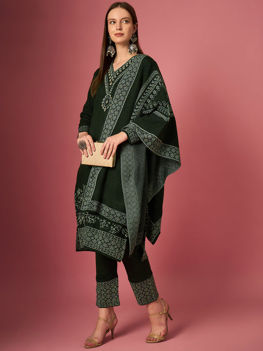 Clapton Embroidered Straight Kurta Pant With Dupatta Set Green