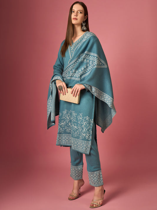 Clapton Embroidered Straight Kurta Pant With Dupatta Set Sky