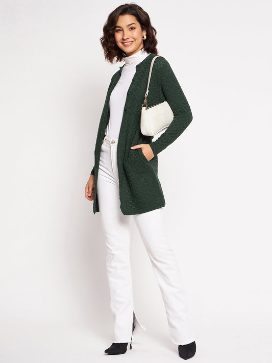 Wool Blend Round Neck Green Long Shrug