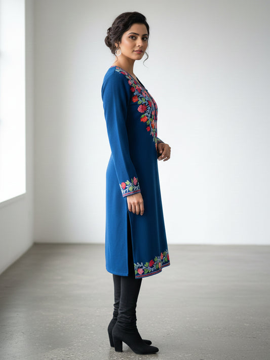 Clapton Blue Wolen Winter wear Embroidered Kashmiri Aari Work Kurta (PHERAN)