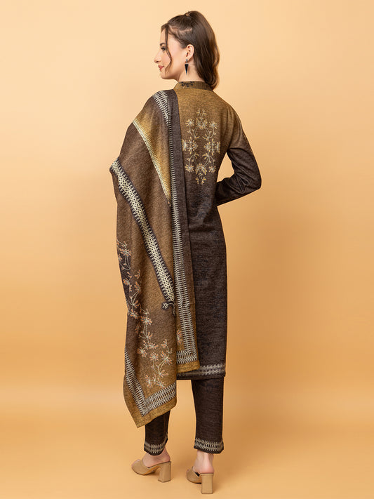 Clapton Pure Wool Winter Wear Embroidered Straight Kurta Pant With Dupatta Set Brown