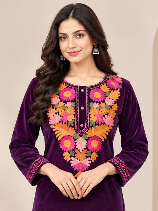 Clapton PURPLE Wolen Winter wear Embroidered Kashmiri Aari Work Kurta (PHERAN)