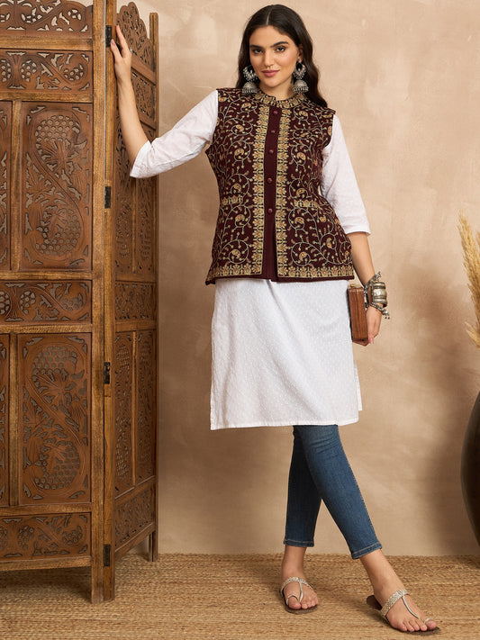 CLAPTON EMBROIDERY SLEEVELESS WINE BLAZER FOR WOMEN