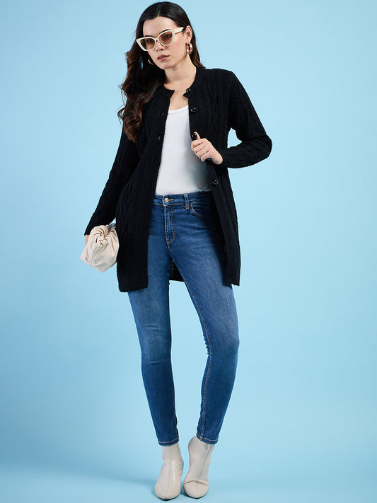 Clapton Cable Knit Design Woolen Longline Cardigan Sweater for women and Girls Black