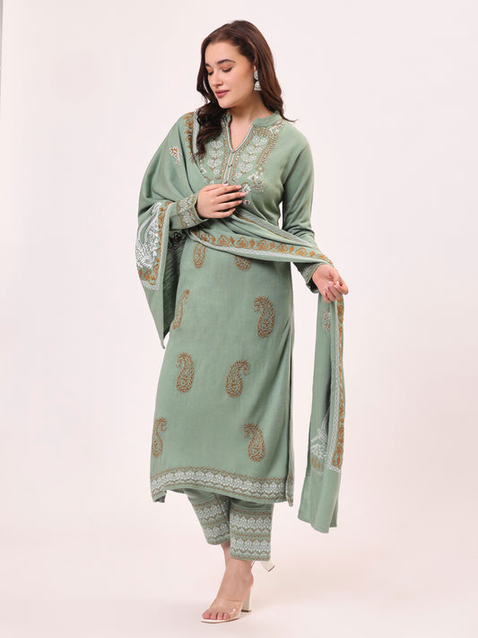 Clapton Pure Wool Winter Wear Embroidered Straight Kurta Pant With Dupatta Set Pista