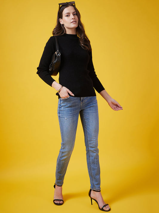 Wool Blend Crew Neck Full Sleeve Black Top