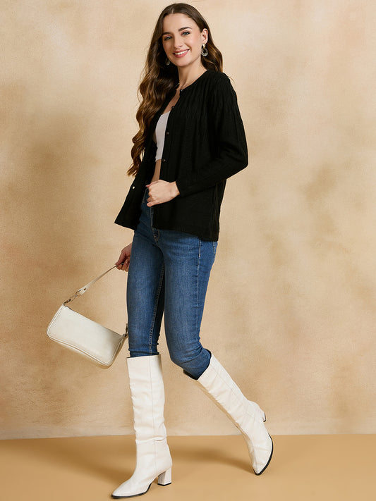 Wool Blend Round Neck Black cardigan