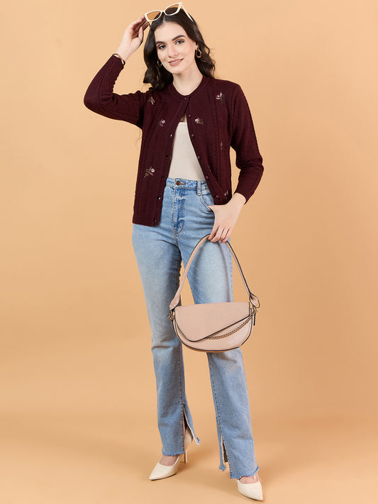 Clapton Floral Embroidered Full Sleeve Cardigan Sweaters for Women Girls Maroon
