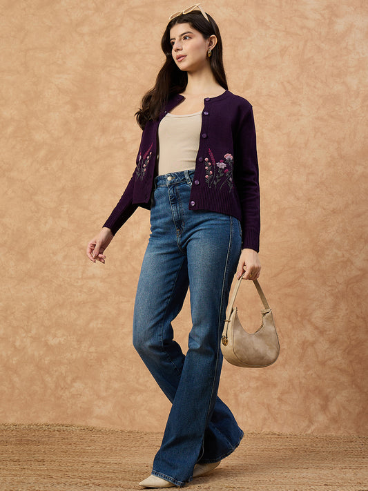 Clapton Women’s Purple Knitted Floral Embroidered Cardigan 6110