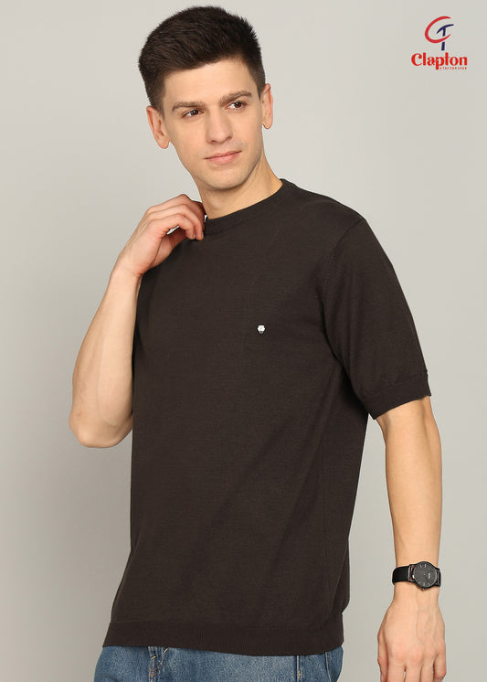 Clapton Men Knitted Cotton Summer Wear Round Neck Half Sleeve T-Shirt COFEEE