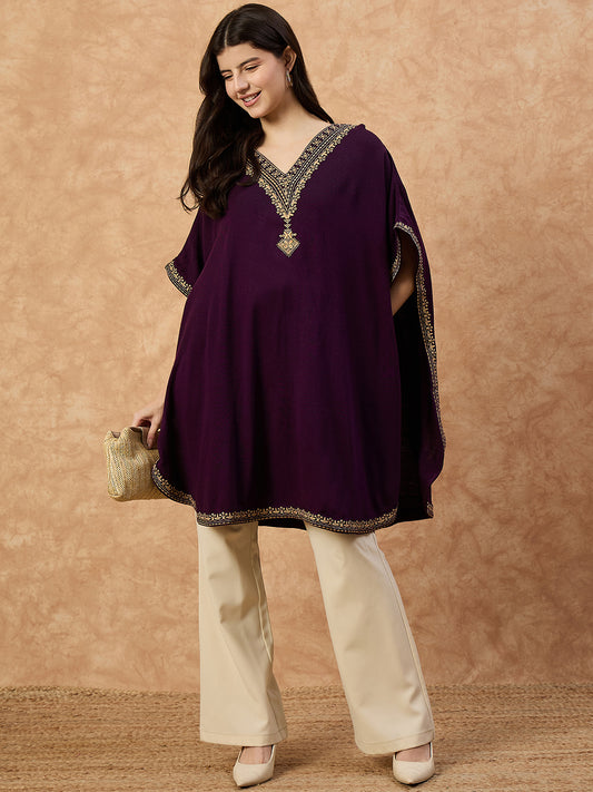 Clapton Women’s Wool Kaftan Kurti – Purple, Golden Embroidery -6201