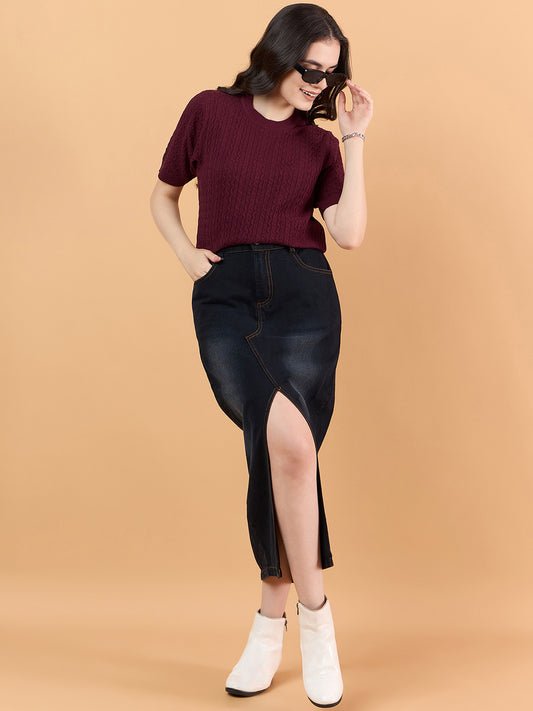 Ladies Short Sleeve Knitted cotton T Shirt solid Color maroon