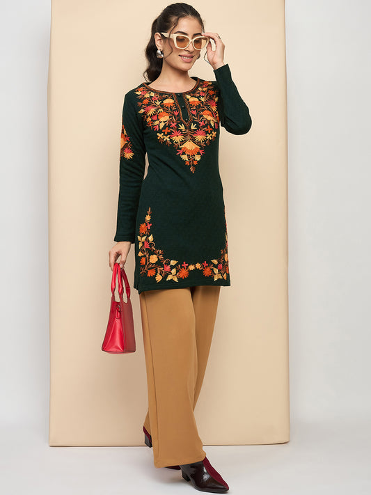 Women Multicolor Embroidered wool Blend Kurta Green Winter Wear