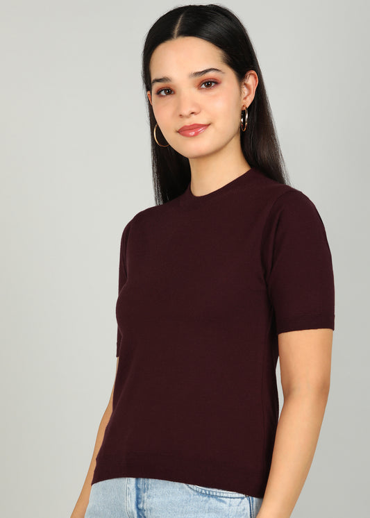 Women Solid Color Round Neck Half Sleeve Viscose T-Shirt Wine