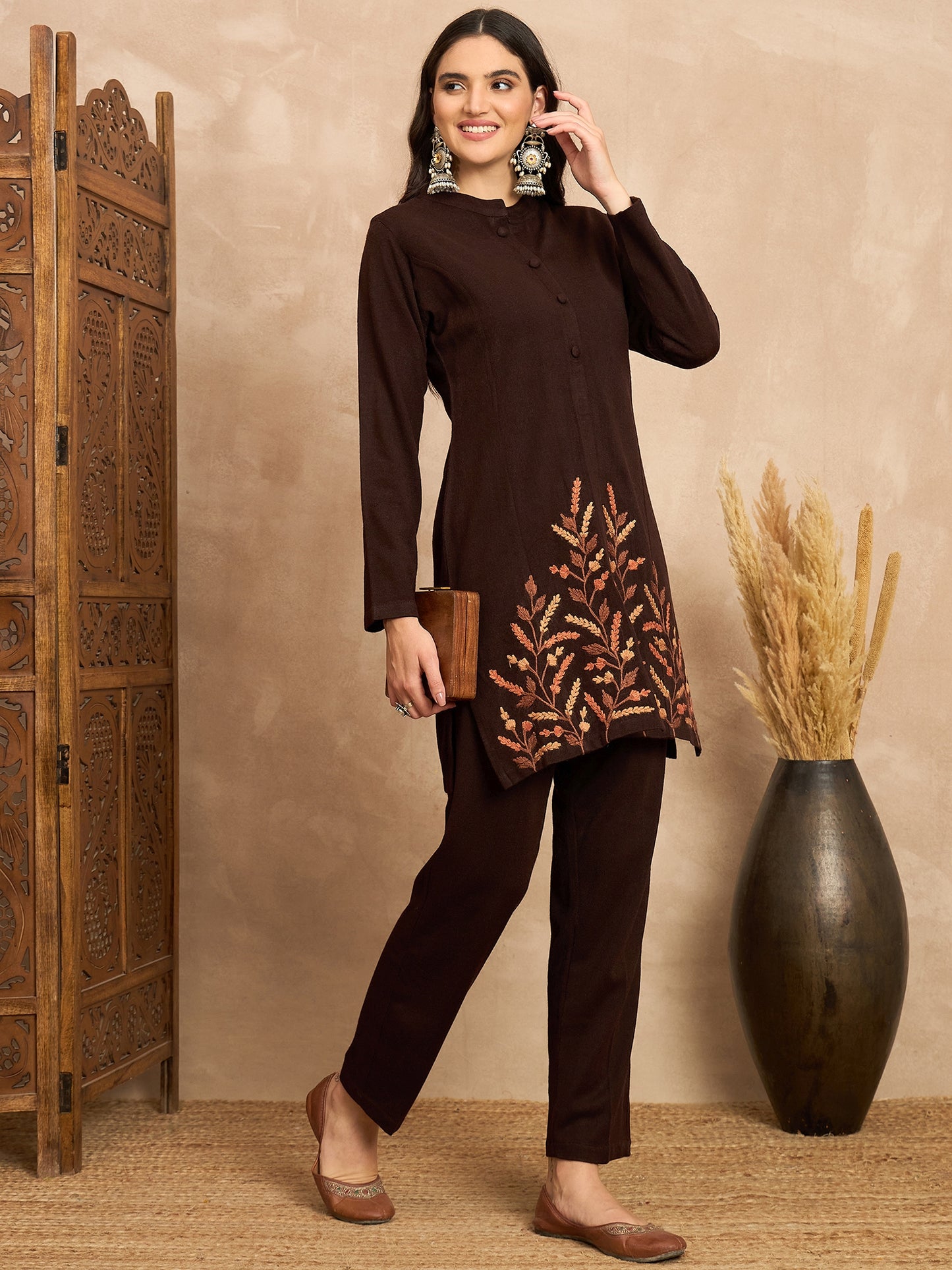 CLAPTON Women’s Wine Wool Blend Embroidered Kurti & Pant Set – 2 Piece Winter Wear