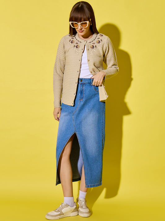 Embroidery Woolen Sleeveless Cardigan