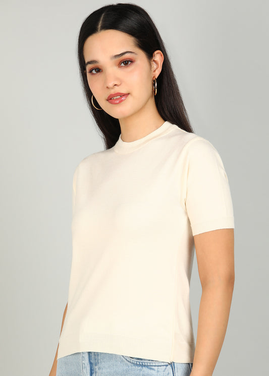 Women Solid Color Round Neck Half Sleeve Viscose T-Shirt Off White
