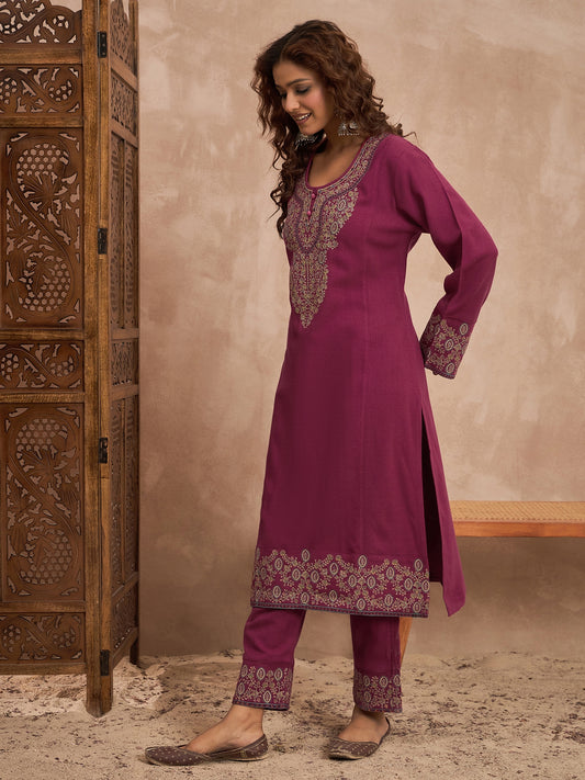 Woolen Embroidered 2-piece winter wear Kurti & Pant Set Purple)