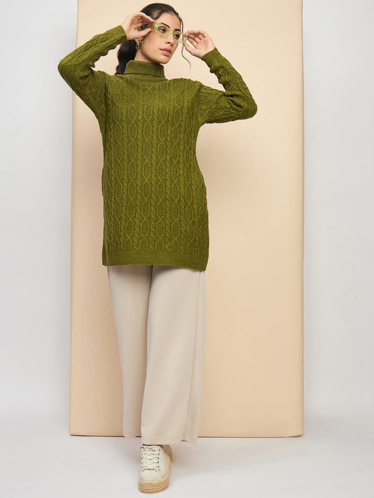 Clapton High Neck Cable Knitted Woolen Dress Green