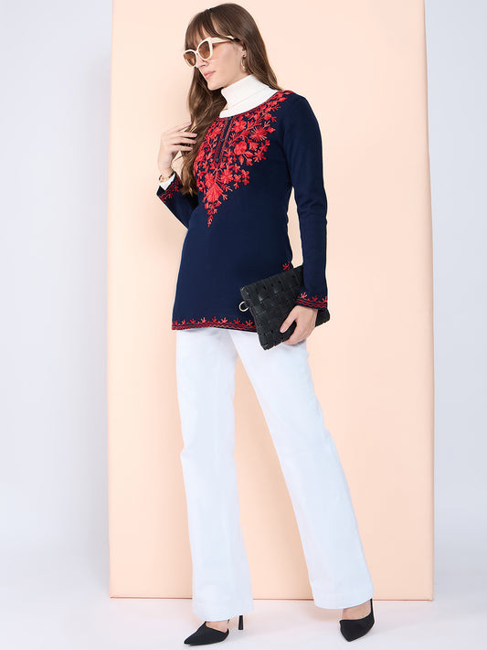 Women's Kurti with Orange Floral Embroidery, Long Sleeves, winter wear Navy Blue