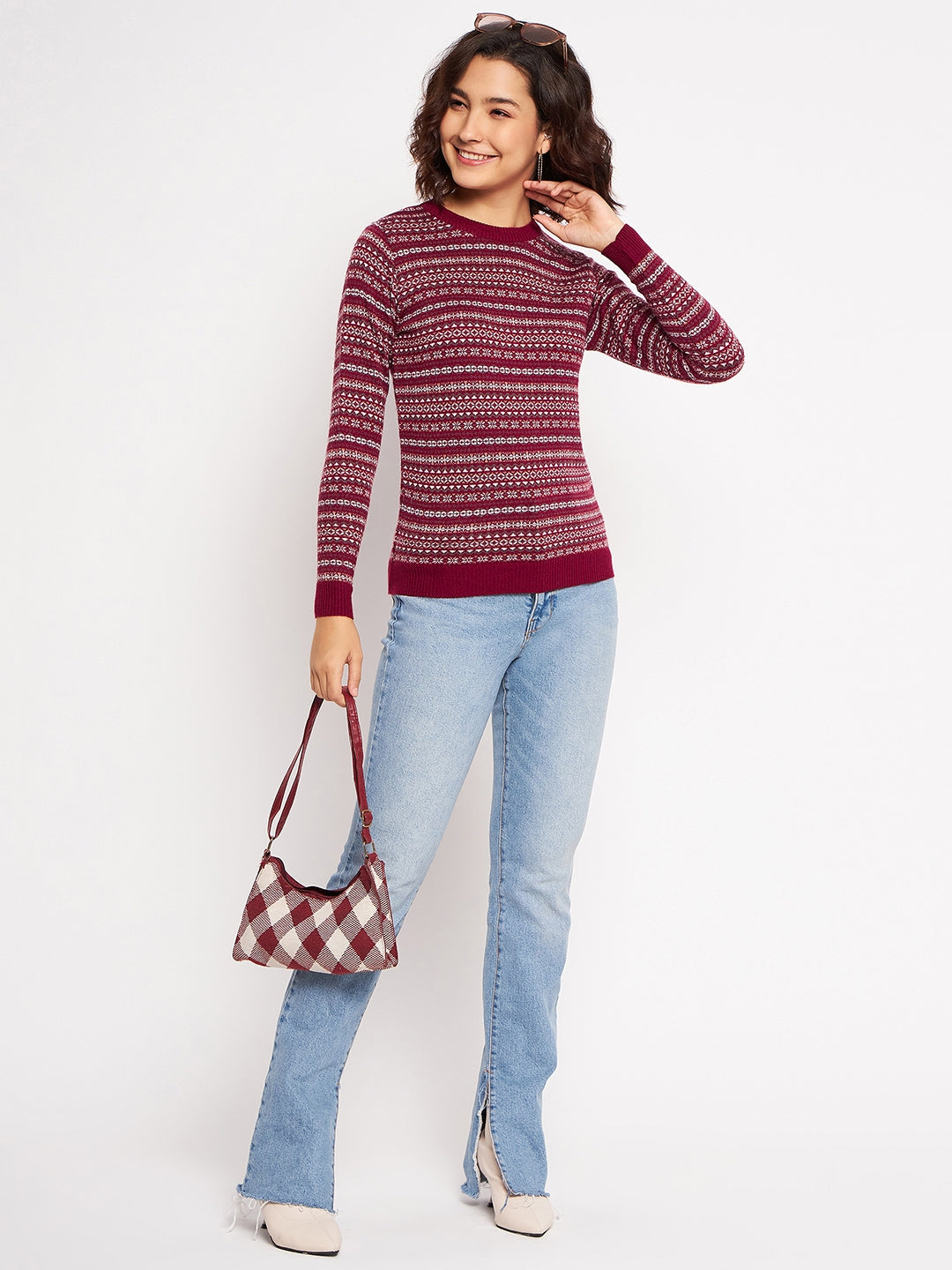 Wool Blend Round Neck Maroon Top